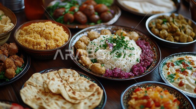 سفرة مليئة بأطباق الطعام المتنوعة، طبق من الأرز مع قطع اللحم المفروم، المأكولات والوجبات الشرقية، أطباق المقبلات الشهية، أطباق وأكلات شعبيه تقليدية، طعام صحي ووجبات لذيذة , مطابخ ومطاعم المملكة العربية السعودية
