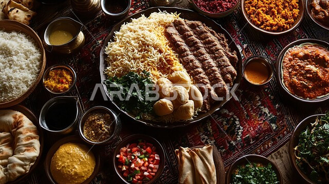 سفرة مليئة بأطباق الطعام المتنوعة، طبق من الأرز مع قطع اللحم المفروم، المأكولات والوجبات الشرقية، أطباق المقبلات الشهية، أطباق وأكلات شعبيه تقليدية، طعام صحي ووجبات لذيذة , مطابخ ومطاعم المملكة العربية السعودية