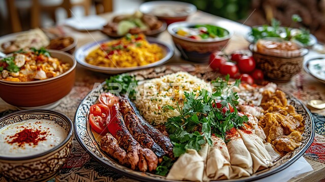 سفرة مليئة بأطباق الطعام المتنوعة، طبق من الأرز مع قطع اللحم المفروم، المأكولات والوجبات الشرقية، أطباق المقبلات الشهية، أطباق وأكلات شعبيه تقليدية، طعام صحي ووجبات لذيذة , مطابخ ومطاعم المملكة العربية السعودية