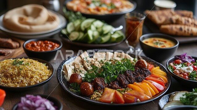 سفرة مليئة بأطباق الطعام المتنوعة، طبق من الأرز مع قطع اللحم المفروم، المأكولات والوجبات الشرقية، أطباق المقبلات الشهية، أطباق وأكلات شعبيه تقليدية، طعام صحي ووجبات لذيذة , مطابخ ومطاعم المملكة العربية السعودية