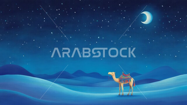 منظر الهلال في السماء المليئة بالغيوم، رعاية المواشي والحيوانات, التكوينات والتشكيلات الرملية في الصحاري, حيوان الجمل يقف وسط صحراء المملكة العربية السعودية في وقت الليل, الاهتمام في تربية الجمال و الإبل, الرمال الذهبية في المناطق الصحراوية