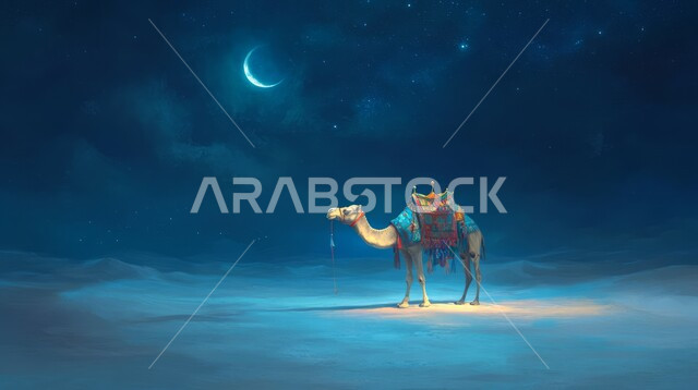 منظر الهلال في السماء المليئة بالغيوم، رعاية المواشي والحيوانات, التكوينات والتشكيلات الرملية في الصحاري, حيوان الجمل يقف وسط صحراء المملكة العربية السعودية في وقت الليل, الاهتمام في تربية الجمال و الإبل, الرمال الذهبية في المناطق الصحراوية