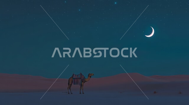 منظر الهلال في السماء المليئة بالغيوم، رعاية المواشي والحيوانات, التكوينات والتشكيلات الرملية في الصحاري, حيوان الجمل يقف وسط صحراء المملكة العربية السعودية في وقت الليل, الاهتمام في تربية الجمال و الإبل, الرمال الذهبية في المناطق الصحراوية
