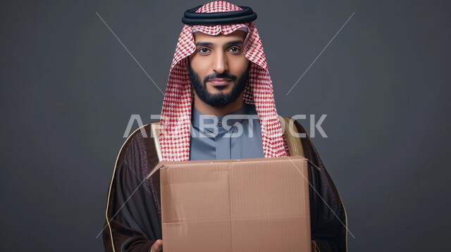 جمع وتوزيع التبرعات للفقراء والمساكين, جمعيات خيرية ومبادرات انسانية، بورتريه مقرب لرجل عربي خليجي سعودي مبتسم يرتدي الشماغ والبشت والثوب التقليدي يحمل صندوق مغلف ينظر الى الكاميرا، الاحساس بالأخرين ومساعدتهم، خلفية رمادية