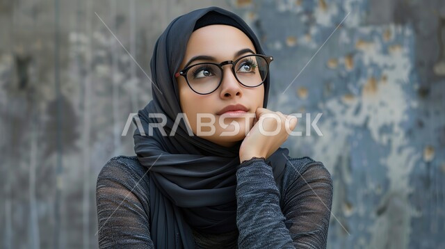 Contemplation, focus and planning for the future, trying to find a solution to a problem, close-up of a veiled Saudi Arabian Gulf woman putting her hand on her chin and looking with gestures of thinking and contemplation