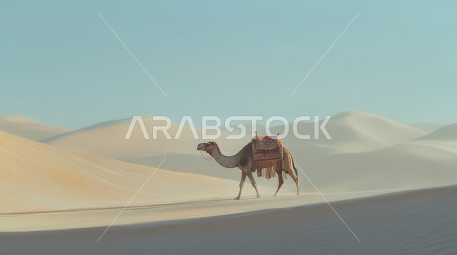 رعاية المواشي والحيوانات, التكوينات والتشكيلات الرملية في الصحاري, حيوان الجمل يقف وسط صحراء المملكة العربية السعودية في وقت النهار, الاهتمام في تربية الجمال و الإبل, الرمال الذهبية في المناطق الصحراوية