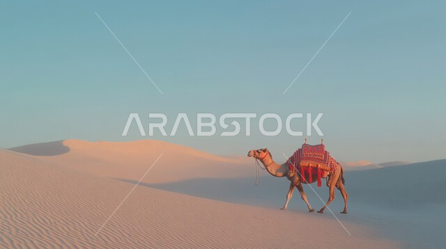 رعاية المواشي والحيوانات, التكوينات والتشكيلات الرملية في الصحاري, حيوان الجمل يقف وسط صحراء المملكة العربية السعودية في وقت النهار, الاهتمام في تربية الجمال و الإبل, الرمال الذهبية في المناطق الصحراوية