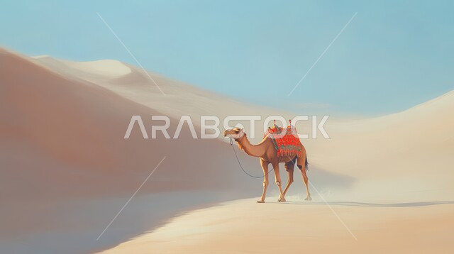 رعاية المواشي والحيوانات, التكوينات والتشكيلات الرملية في الصحاري, حيوان الجمل يقف وسط صحراء المملكة العربية السعودية في وقت النهار, الاهتمام في تربية الجمال و الإبل, الرمال الذهبية في المناطق الصحراوية
