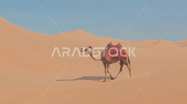 رعاية المواشي والحيوانات, التكوينات والتشكيلات الرملية في الصحاري, حيوان الجمل يقف وسط صحراء المملكة العربية السعودية في وقت النهار, الاهتمام في تربية الجمال و الإبل, الرمال الذهبية في المناطق الصحراوية
