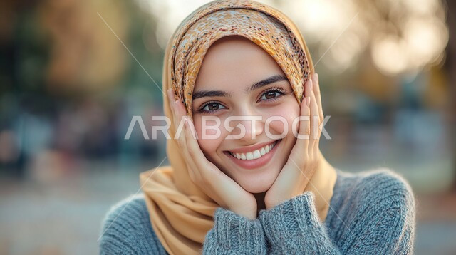 ملابس محجبات عصرية راقية، مفهوم الأنوثة والنعومة، الاهتمام بالمظهر الخارجي والأناقة، صورة مقربة لامرأة عربية خليجية سعودية محجبة تنظر إلى الكاميرا بايماءات الثقة بالنفس والسرور