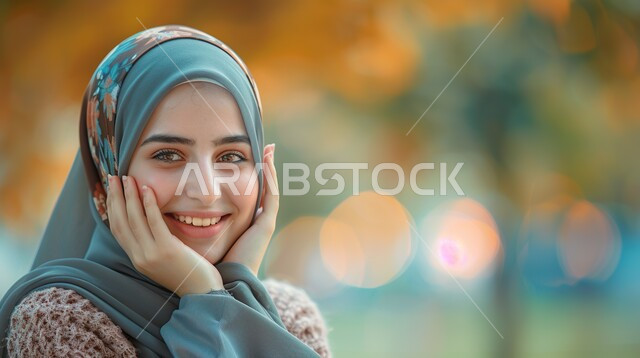 ملابس محجبات عصرية راقية، مفهوم الأنوثة والنعومة، الاهتمام بالمظهر الخارجي والأناقة، صورة مقربة لامرأة عربية خليجية سعودية محجبة تنظر إلى الكاميرا بايماءات الثقة بالنفس والسرور