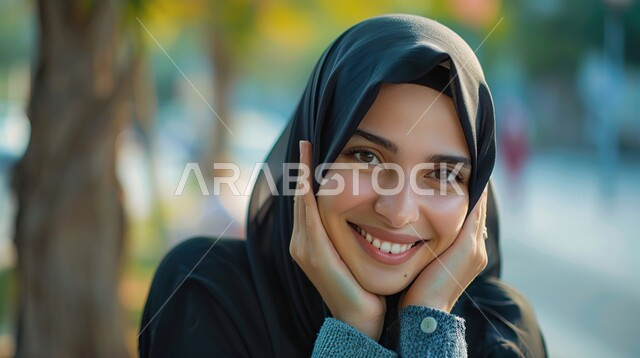 ملابس محجبات عصرية راقية، مفهوم الأنوثة والنعومة، الاهتمام بالمظهر الخارجي والأناقة، صورة مقربة لامرأة عربية خليجية سعودية محجبة تنظر إلى الكاميرا بايماءات الثقة بالنفس والسرور