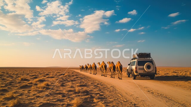 مفهوم تربية ورعاية الإبل، صورة من الخلف لصف من الإبل يسير على طريق ترابي يتبعه سيارة الدفع الرباعي باللون الرمادي في المناطق الصحراوية بالمملكة العربية السعودية،  مغامرات ورحلات السفاري في الصحاري، طرق واختلاف وسائل النقل