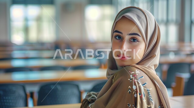 Elegance and interest in appearance, the concept of femininity and softness, a close-up photo of a smiling young Saudi Arabian Gulf woman wearing the hijab sitting in the classroom looking at the camera with gestures of happiness and pleasure