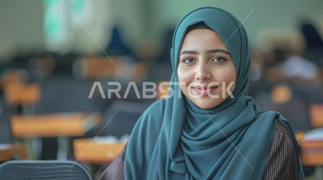Elegance and interest in appearance, the concept of femininity and softness, a close-up photo of a smiling young Saudi Arabian Gulf woman wearing the hijab sitting in the classroom looking at the camera with gestures of happiness and pleasure