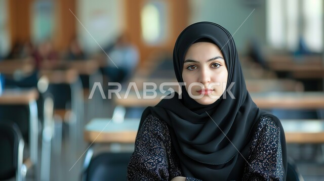 الأناقة و الاهتمام بالمظهر الخارجي, مفهوم الأنوثة و النعومة, صورة مقربة لشابة عربية خليجية سعودية مبتسمة ترتدي الحجاب تجلس في قاعة الدروس تنظر إلى الكاميرا بإيماءات السعادة و السرور