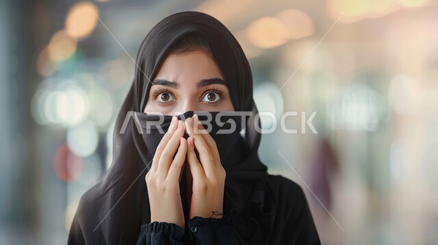 ايماءات تدل على الذهول لسماع خبر مفاجئ، الصدمة والتعجب من حصول أمر ما، صورة مقربة لامرأة عربية خليجية سعودية محجبة تنظر إلى الكاميرا بتعابير الدهشة والخوف