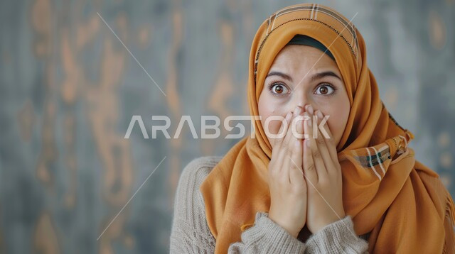 ايماءات تدل على الذهول لسماع خبر مفاجئ، الصدمة والتعجب من حصول أمر ما، صورة مقربة لامرأة عربية خليجية سعودية محجبة تنظر إلى الكاميرا بتعابير الدهشة والخوف