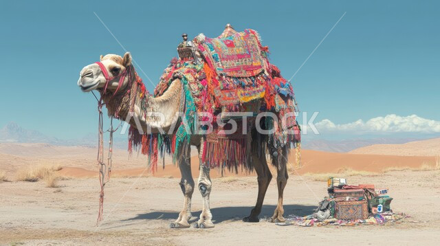 وسائل التنقل في القدم، حيوان الجمل على ظهره خيمة ملونة يقف وسط صحراء المملكة العربية السعودية في وقت النهار, التكوينات والتشكيلات الرملية في الصحاري, الاهتمام في تربية الجمال و الإبل, الرمال الذهبية في المناطق الصحراوية