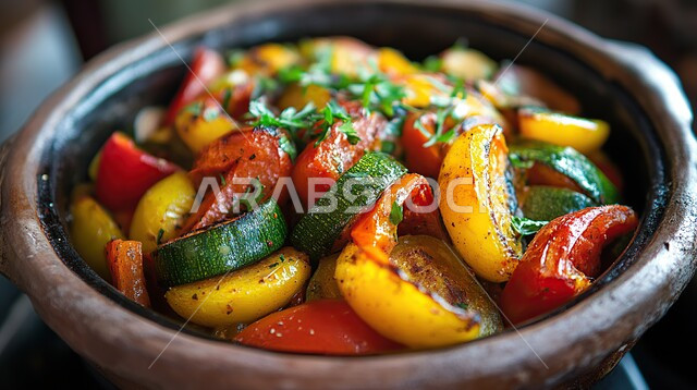 طبق من الخضار المشوخة في صحن من الفخار، المأكولات والوجبات الشرقية، أطباق المقبلات الشهية، أطباق وأكلات شعبيه تقليدية، طعام صحي ووجبات لذيذة , مطابخ ومطاعم المملكة العربية السعودية