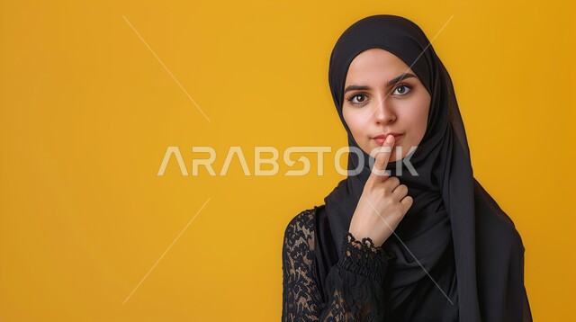 الهدوء والسكون وعدم الإزعاج، بورتريه لشابة عربية خليجية سعودية محجبة تضع أصبع السبابة على فمها بإيماءات طلب السكوت والصمت، مفهوم التوقف عن الكلام وخفض الصوت، الاهتمام بالأناقة والمظهر الخارجي، خلفية صفراء