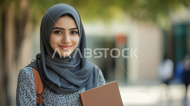 ملابس محجبات عصرية راقية، مفهوم الأنوثة والنعومة، الاهتمام بالمظهر الخارجي والأناقة، صورة مقربة لامرأة عربية خليجية سعودية محجبة تنظر إلى الكاميرا بايماءات الثقة بالنفس والسرور