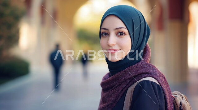 ملابس محجبات عصرية راقية، مفهوم الأنوثة والنعومة، الاهتمام بالمظهر الخارجي والأناقة، صورة مقربة لامرأة عربية خليجية سعودية محجبة تنظر إلى الكاميرا بايماءات الثقة بالنفس والسرور