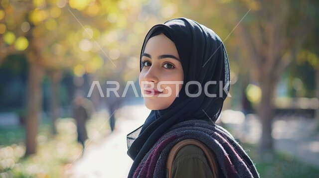 ملابس محجبات عصرية راقية، مفهوم الأنوثة والنعومة، الاهتمام بالمظهر الخارجي والأناقة، صورة مقربة لامرأة عربية خليجية سعودية محجبة تنظر إلى الكاميرا بايماءات الثقة بالنفس والسرور