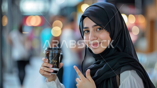 Modern and elegant veiled clothing, the concept of femininity and softness, interest in appearance and elegance, a close-up photo of a veiled Saudi Arabian Gulf woman looking at the camera with gestures of self-confidence and pleasure, holding a cup of juice in her hand