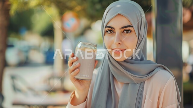 ملابس محجبات عصرية راقية، مفهوم الأنوثة والنعومة، الاهتمام بالمظهر الخارجي والأناقة، صورة مقربة لامرأة عربية خليجية سعودية محجبة تنظر إلى الكاميرا بايماءات الثقة بالنفس والسرور تحمل بيدها كوب من العصير