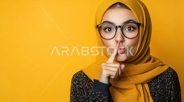 الهدوء والسكون وعدم الإزعاج، بورتريه مقرب لشابة عربية خليجية سعودية محجبة تضع أصبع السبابة على فمها بإيماءات طلب السكوت والصمت، مفهوم التوقف عن الكلام وخفض الصوت، الاهتمام بالأناقة والمظهر الخارجي، خلفية صفراء