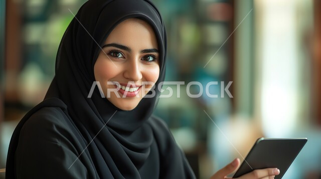 Completing work tasks remotely, technical applications for tablets, using modern and advanced devices and technologies, a Saudi Arabian Gulf woman holding a tablet in her hand, online shopping and looking at the camera with gestures of happiness and pleasure, browsing social networking sites
