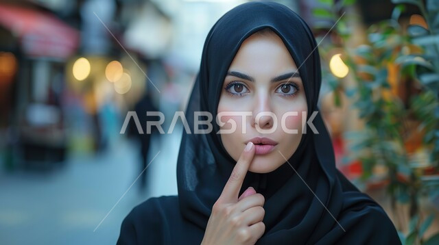الهدوء والسكون وعدم الإزعاج، صورة مقربة لشابة عربية خليجية سعودية محجبة تضع أصبع السبابة على فمها بإيماءات طلب السكوت والصمت، مفهوم التوقف عن الكلام وخفض الصوت، الاهتمام بالأناقة والمظهر الخارجي