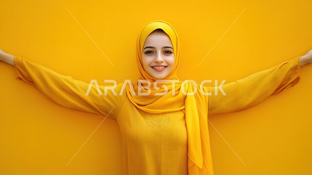 الاستقبال والترحيب بحرارة,  بورتريه مقرب لامرأة عربية خليجية سعودية محجبة ترفع يديها للأعلى بتعابير السرور والسعادة, ملابس محجبات عصرية راقية، مفهوم الأنوثة والنعومة