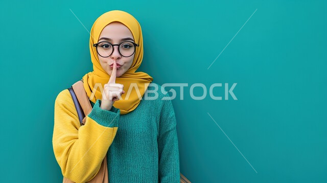 Calm, stillness, and not disturbing, close-up portrait of a veiled Saudi Arabian Gulf young woman putting her index finger on her mouth with gestures of asking for silence and silence, the concept of stopping talking and lowering the voice, caring about elegance and outward appearance, blue background
