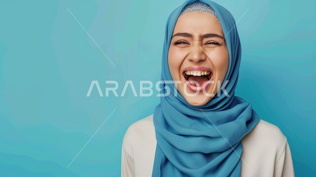 الفرح الشديد بسماع الأخبار السارة، الاهتمام بالأناقة والمظهر الخارجي، مفهوم الأنوثة والنعومة، التقاط الصور الشخصية للوثائق الرسمية، بورتريه مقرب لامرأة عربية خليجية سعودية محجبة تنظر الى الكاميرا بإيماءات الثقة بالنفس و السرور، خلفية زرقاء
