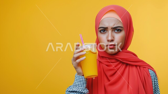 ملابس محجبات عصرية راقية، مفهوم الأنوثة والنعومة، الاهتمام بالمظهر الخارجي والأناقة، بورتريه مقرب لامرأة عربية خليجية سعودية محجبة تنظر إلى الكاميرا بايماءات الانزعاج تحمل بيدها كوب من العصير