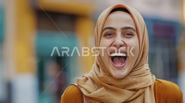 الفرح الشديد بسماع الأخبار السارة، الاهتمام بالأناقة والمظهر الخارجي، مفهوم الأنوثة والنعومة، التقاط الصور الشخصية للوثائق الرسمية، صورة مقربة لامرأة عربية خليجية سعودية محجبة تنظر الى الكاميرا بإيماءات الثقة بالنفس و السرور