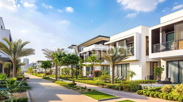 أشجار النخيل والمساحات الخضراء الممتدة على جانبي الطريق المعبد، تصميمات وديكورات فخمة، تصاميم عصرية و فاخرة للشقق والفلل السكنية السياحية، الفنادق والأبنية المتميزة، النمو والتقدم العمراني في المملكة العربية السعودية، التصميم المعماري الحديث للمنازل والبيوت