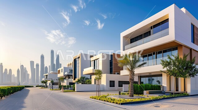 أشجار النخيل والمساحات الخضراء الممتدة على جانبي الطريق المعبد، تصميمات وديكورات فخمة، تصاميم عصرية و فاخرة للشقق والفلل السكنية السياحية، الفنادق والأبنية المتميزة، النمو والتقدم العمراني في المملكة العربية السعودية، التصميم المعماري الحديث للمنازل والبيوت