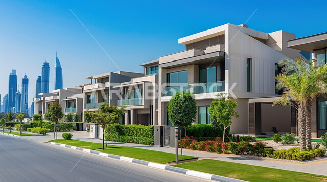 أشجار النخيل والمساحات الخضراء الممتدة على جانبي الطريق المعبد، تصميمات وديكورات فخمة، تصاميم عصرية و فاخرة للشقق والفلل السكنية السياحية، الفنادق والأبنية المتميزة، النمو والتقدم العمراني في المملكة العربية السعودية، التصميم المعماري الحديث للمنازل والبيوت