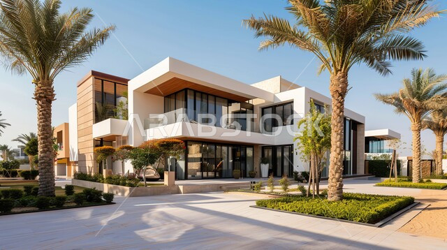 أشجار النخيل والمساحات الخضراء الممتدة على جانبي الطريق المعبد، تصميمات وديكورات فخمة، تصاميم عصرية و فاخرة للشقق والفلل السكنية السياحية، الفنادق والأبنية المتميزة، النمو والتقدم العمراني في المملكة العربية السعودية، التصميم المعماري الحديث للمنازل والبيوت