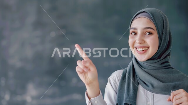 تحديد موقع معين بإيماءات البشاشة، إشارات وحركات يدين تدل على هذا المكان (هنا)، بورتريه مقرب لامرأة عربيه خليجيه سعوديه مبتسمه محجبه ترفع اصابعها السبابة وتشير الى شيء ما، خلفية رمادية