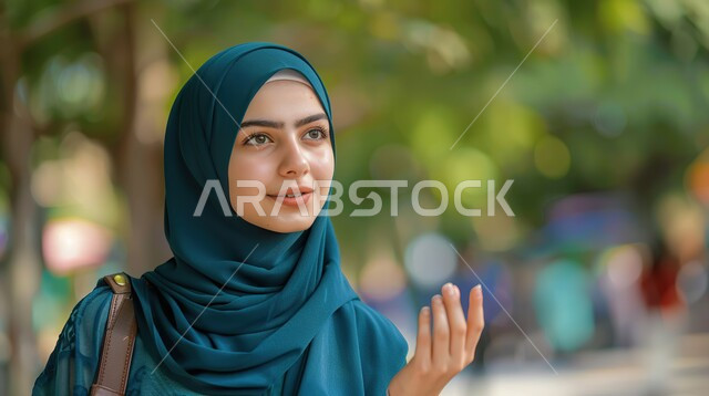 التنزه والاستمتاع بقضاء الاوقات، مفهوم الأنوثة والملامح الناعمة, صورة مقربة لإمرأة عربية خليجية سعودية محجبة مبتسمة ترتدي العباءة تنظر إلى شيء ما تحاول التقاطه, الاهتمام بالمظهر الخارجي, أناقة النساء السعوديات