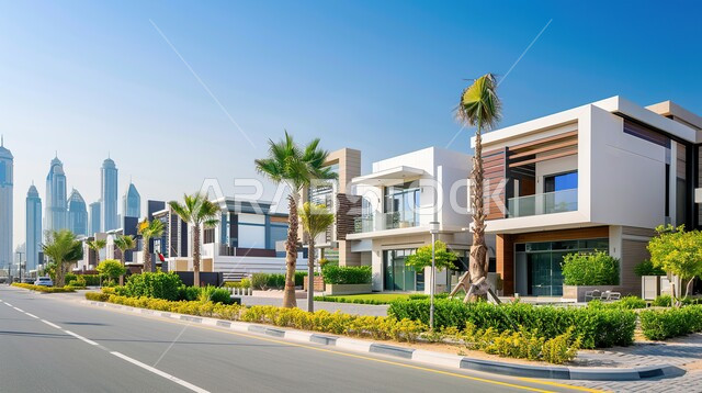 التصميم المعماري الحديث للمنازل والبيوت، أشجار النخيل والمساحات الخضراء الممتدة على جانبي الطريق المعبد، تصميمات وديكورات فخمة، تصاميم عصرية و فاخرة للشقق والفلل السكنية السياحية، الفنادق والأبنية المتميزة، النمو والتقدم العمراني في المملكة العربية السعودية