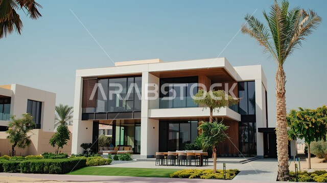 Modern architectural design for homes and houses, palm trees and green spaces extending on both sides of the paved road, luxurious designs and decorations, modern and luxurious designs for tourist apartments and villas, hotels and distinguished buildings, urban growth and progress in the Kingdom of Saudi Arabia