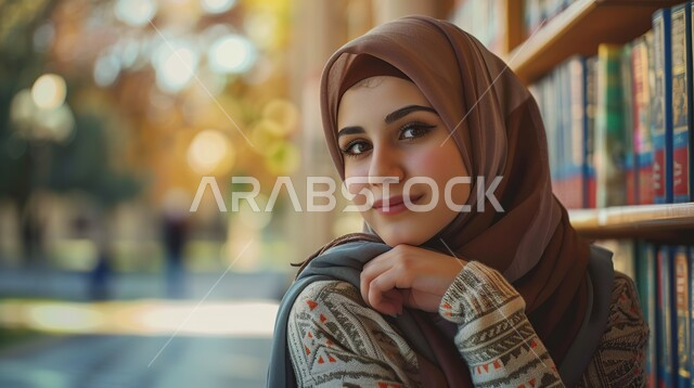 ملابس محجبات عصرية راقية، مفهوم الأنوثة والنعومة، الاهتمام بالمظهر الخارجي والأناقة، صورة مقربة لامرأة عربية خليجية سعودية محجبة تنظر إلى الكاميرا بايماءات الثقة بالنفس والسرور