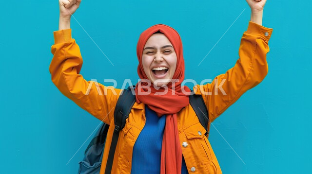 النظر الى الكاميرا بتعابير الفوز والكسب، ايماءات الفرح للانتهاء من انجاز شيء معين، مفهوم النجاح و تحقيق الاهداف، بورتريه لامرأة عربيه خليجيه سعوديه محجبه ترفع يديها للأعلى بحركات التشجيع والحماس، خلفية زرقاء