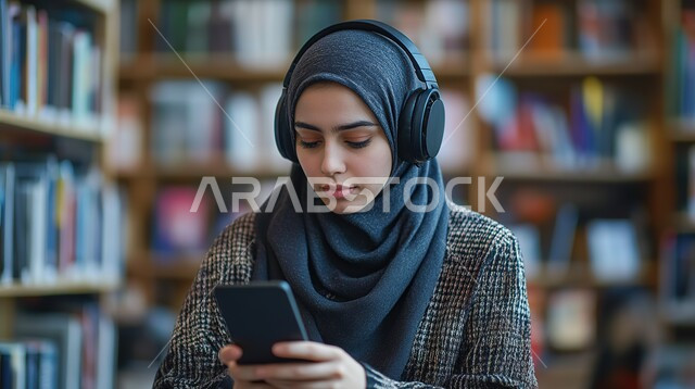 استخدام الوسائل التقنية الحديثة والمتطورة لإنجاز المهام، إدارة وتنظيم الأعمال في مقر الشركة, بيئة العمل المريحة في شركات المملكة، مهن ووظائف مكتبية نسائية, امرأة عربية خليجية سعودية محجبة تعمل على الهاتف المحمول ةتض سماعات الرأس 