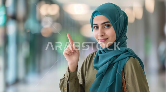 تحديد موقع معين بإيماءات البشاشة، إشارات وحركات يدين تدل على هذا المكان (هنا)، صورة مقربة لامرأة عربيه خليجيه سعوديه مبتسمه محجبه ترفع اصابعها السبابة وتشير الى شيء ما